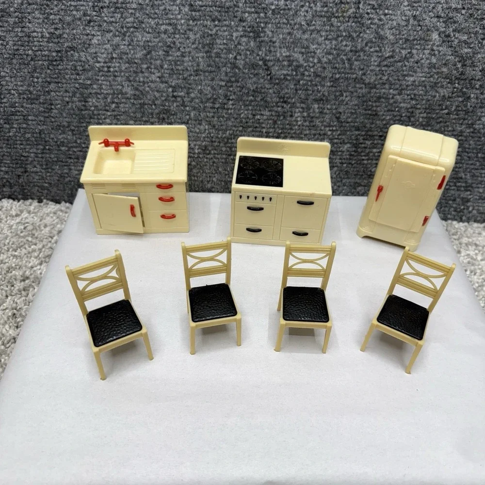 Vintage Renwal dollhouse kitchen furniture chairs sink stove fridge lot